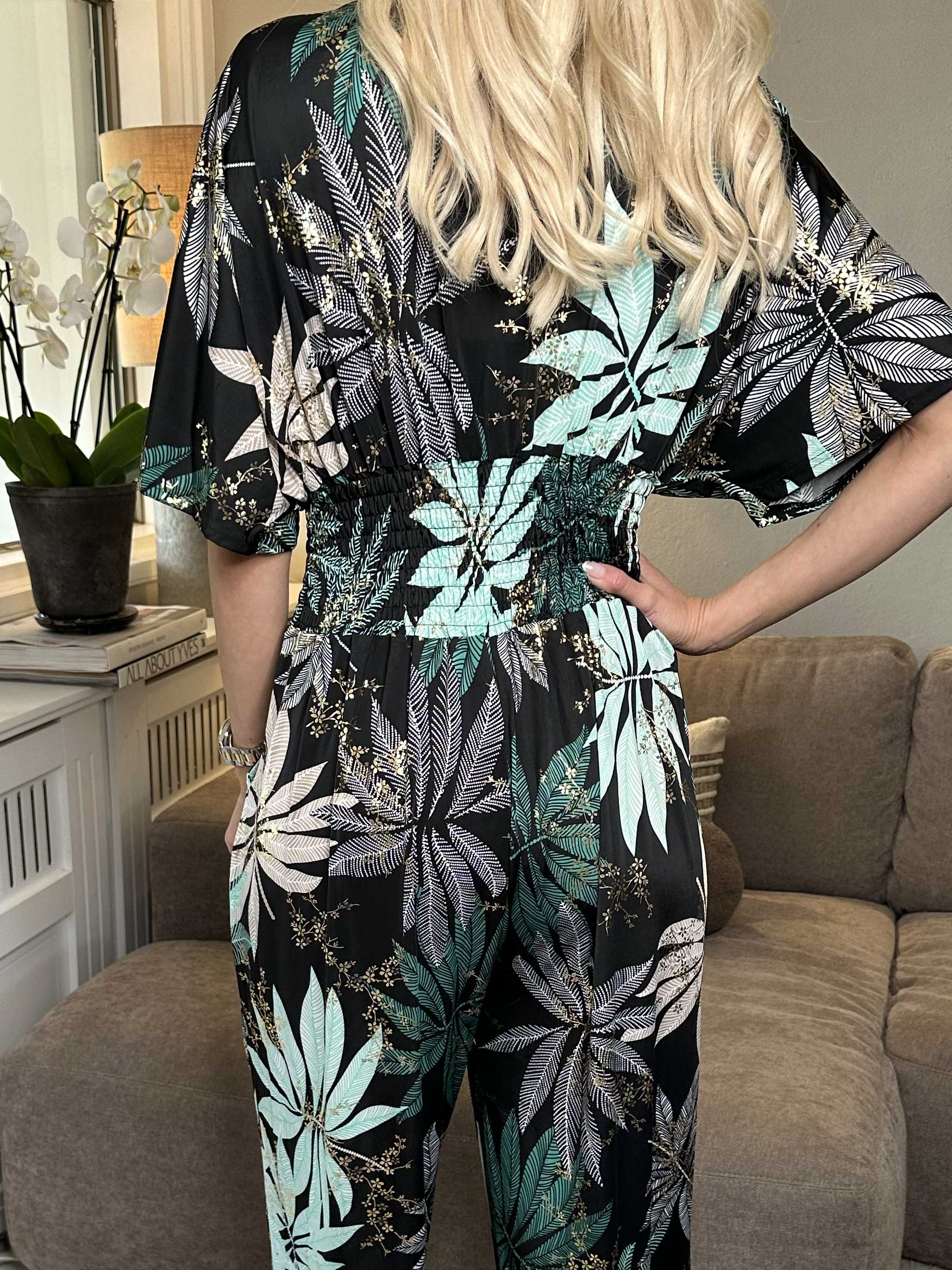 Pams Multi Leaf Jumpsuit - Jumpsuit med resår och bladmönster